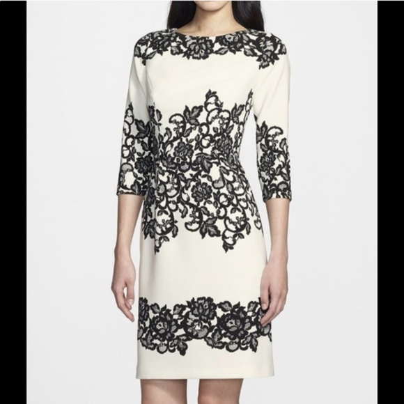 Adrianna Papell Dresses & Skirts - Adrianna Papell Ivory with Black Floral Lace-Print Sheath Dress  Women Size 10